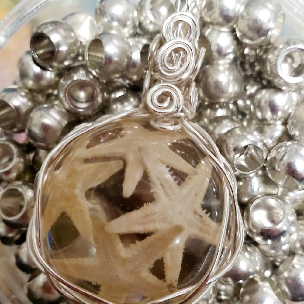 Real Starfish Resin Orb Wire Wrapped Pendant Necklace Silver Wire 52x32mm